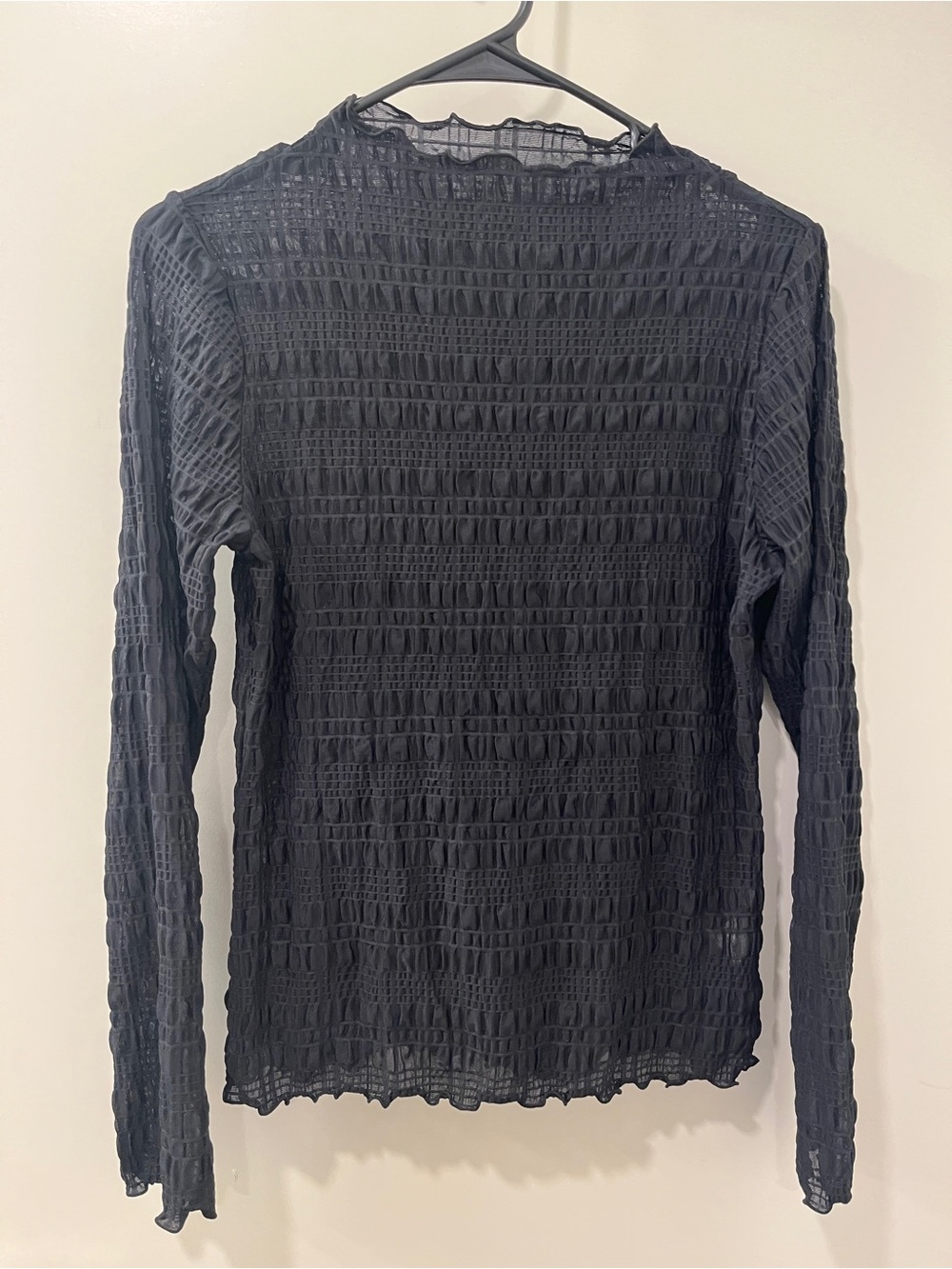 GU- Black Long-Sleeve Sheer Textured Top